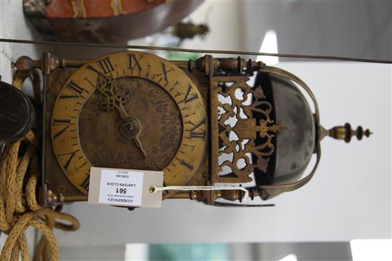 An early 20th century 17th century style brass lantern clock, 15.5in.